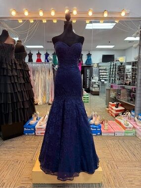 COLETTE CL17170 NAVY BLUE SIZE 12 FITTED LACE MERMAID FORMAL PROM GOWN